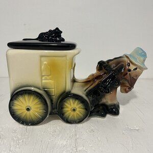 1950's American Bisque Ceramic Horse Buggy Cat Cookies & Milk Covered Cookie Jar